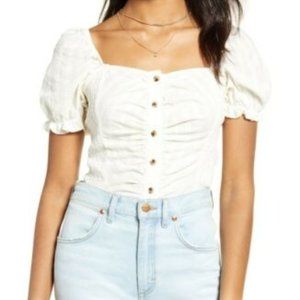 BP. - Swiss Dot Ruched Puff Sleeve Top - SMALL